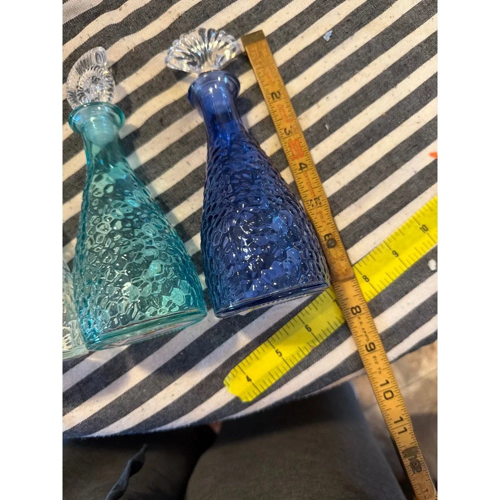 Coastal Glass Decorative Bottle Set 3PC Starfish Shell Aqua Cobalt Blue 7.5in